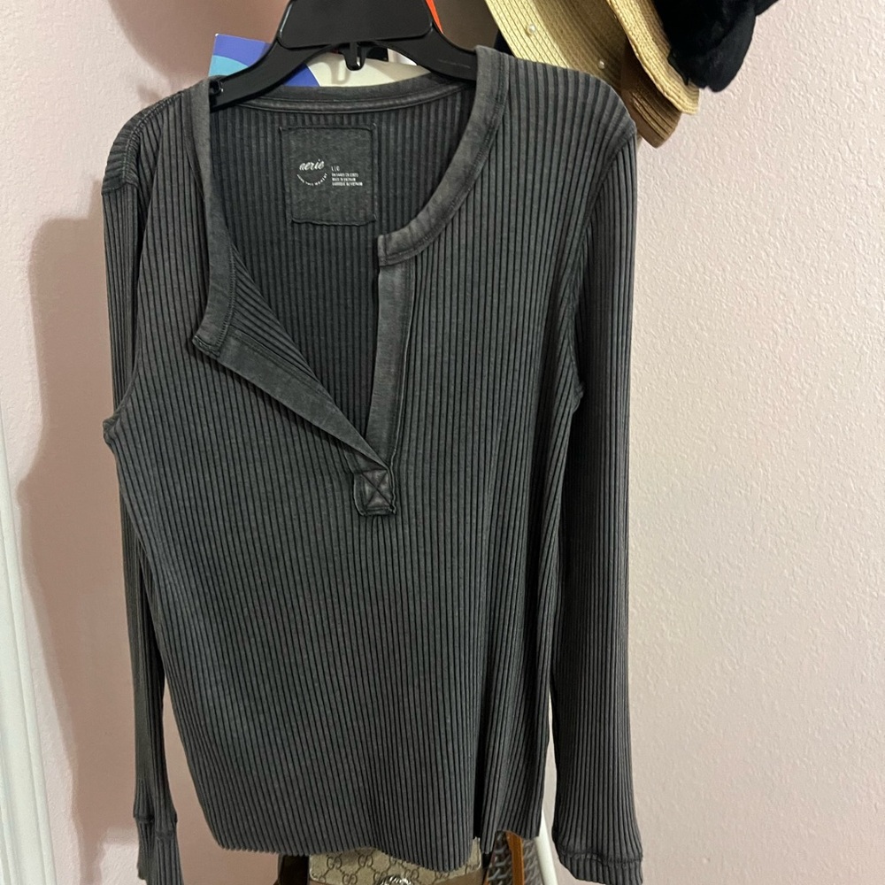 Dark Gray Ribbed Long Sleeve Top